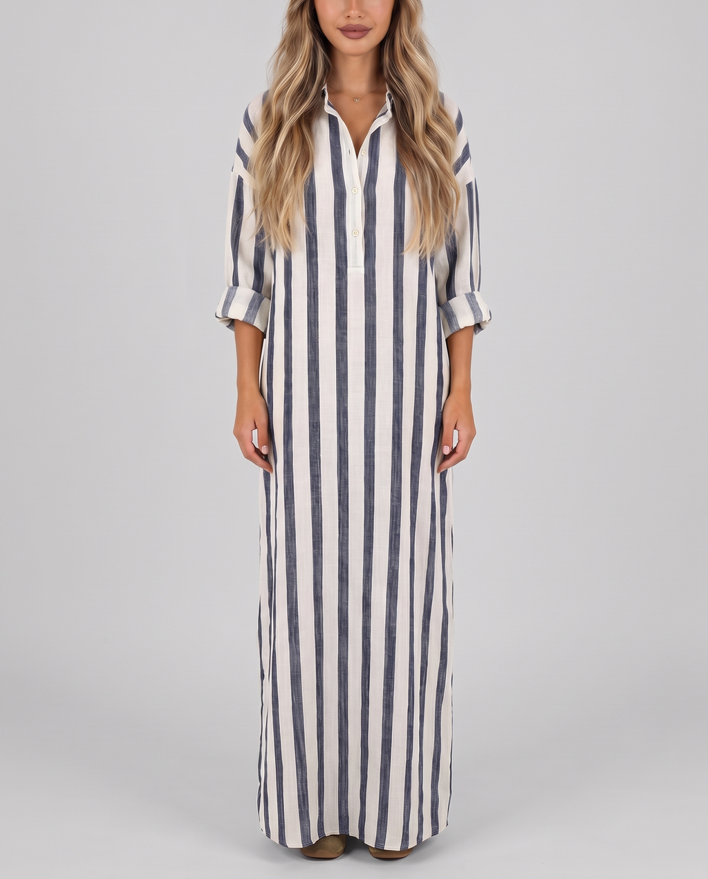 Women's blue and cream striped shirt dress, maxi length with a collar and long sleeves, front view