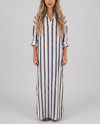 Women's blue and cream striped shirt dress, maxi length with a collar and long sleeves, front view