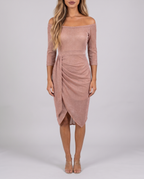Women's champagne shimmer off shoulder midi dress with a draped wrap skirt, front view