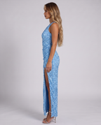 Women's sky blue sequin one shoulder maxi dress with a high thigh split, side view