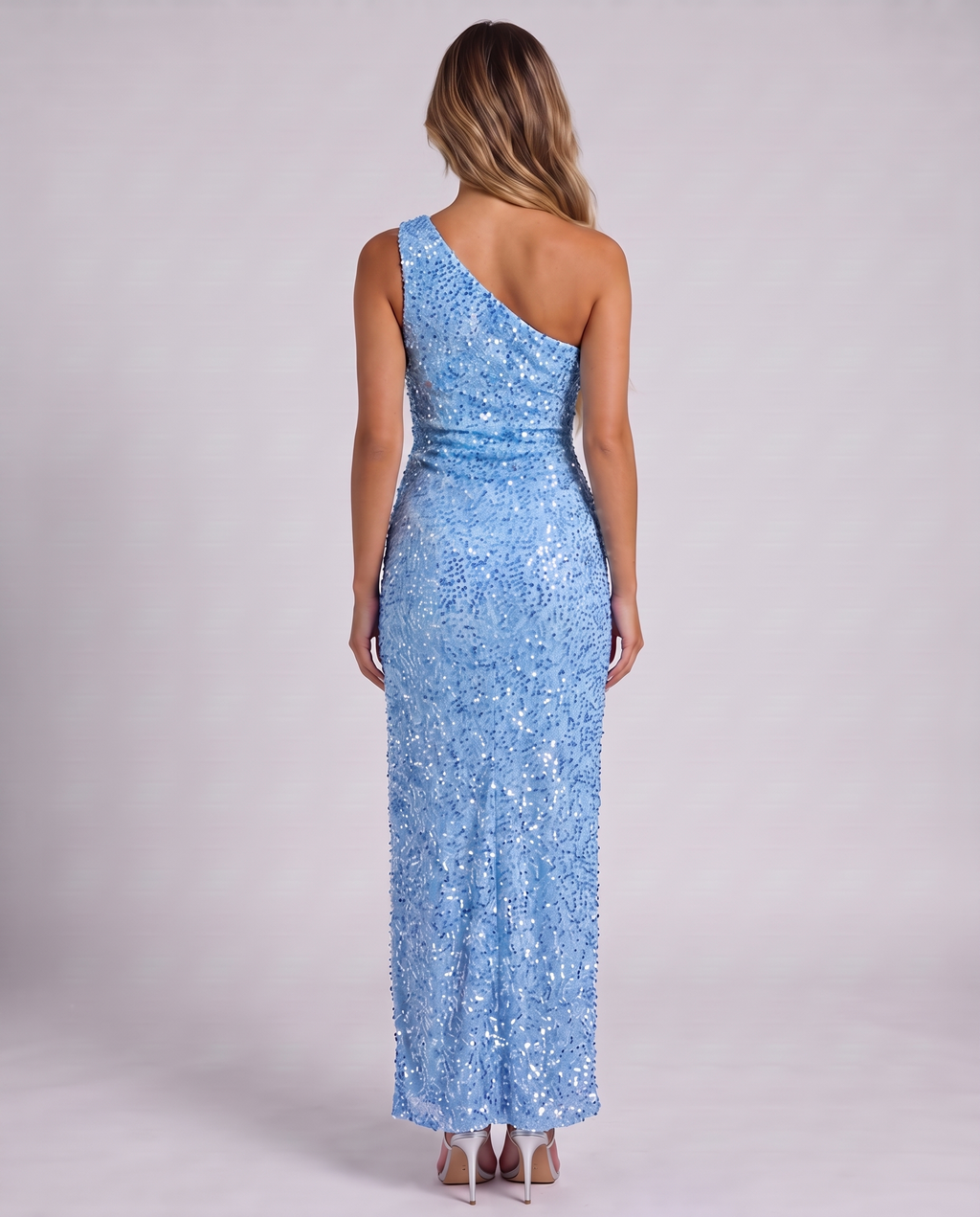 Women's sky blue sequin one shoulder maxi dress with a high thigh split, back view