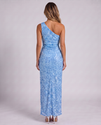 Women's sky blue sequin one shoulder maxi dress with a high thigh split, back view