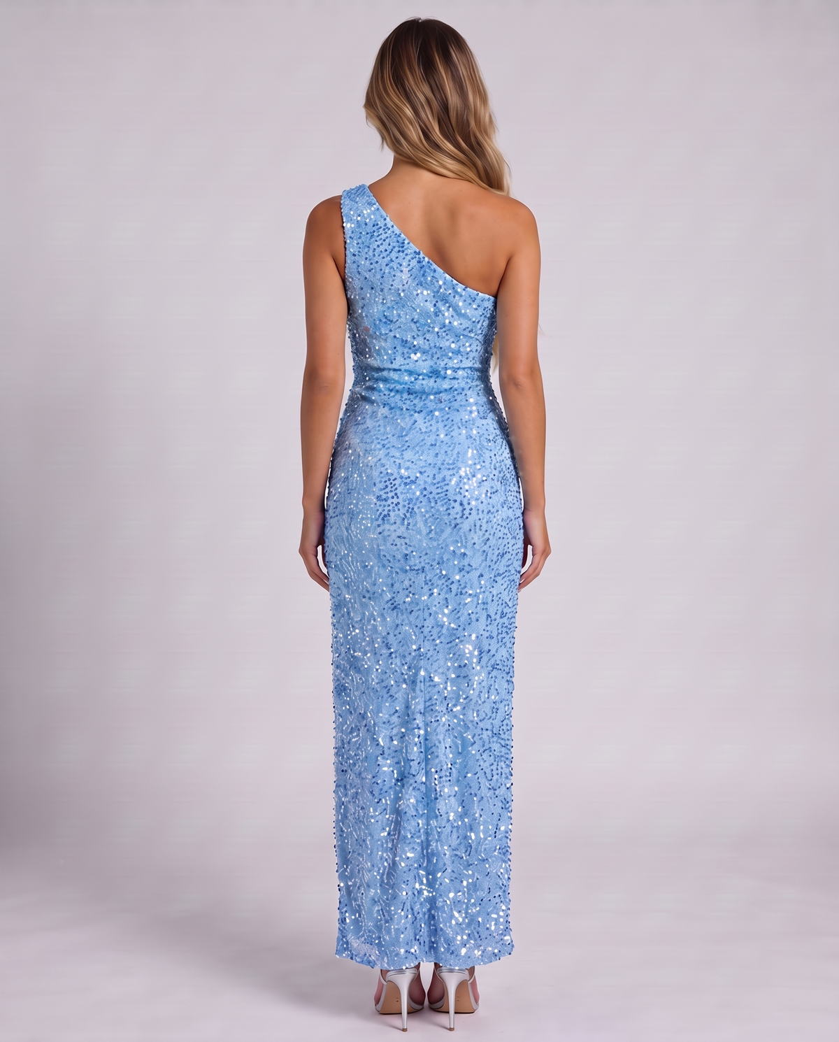 Women's sky blue sequin one shoulder maxi dress with a high thigh split, back view