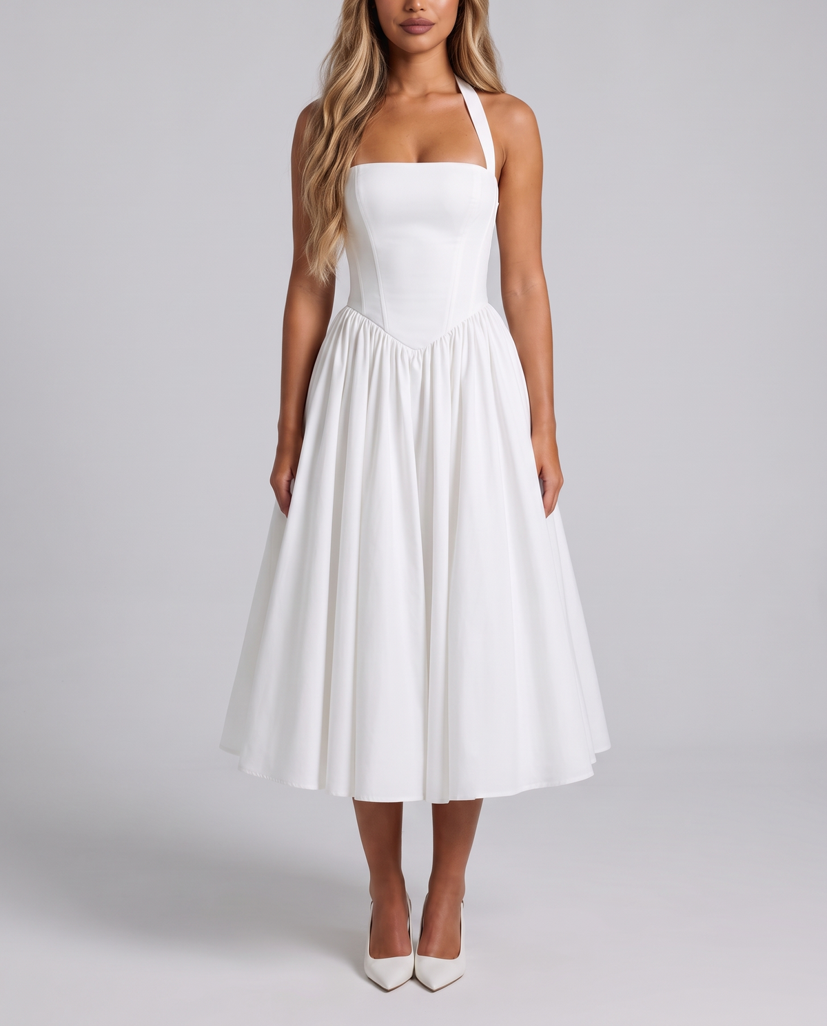 Women's white halter neck corset midi dress with a square neckline and full skirt, front view