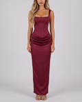 Women's wine red corset maxi dress with a square neck, draped hip and lace-up back, front view