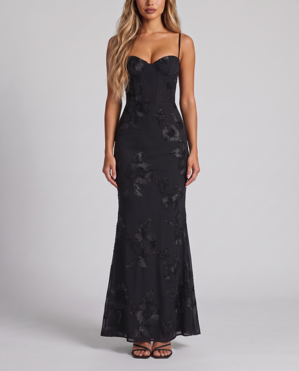 Women's black floral embroidered corset maxi dress with a fishtail skirt, front view