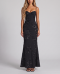 Women's black floral embroidered corset maxi dress with a fishtail skirt, front view