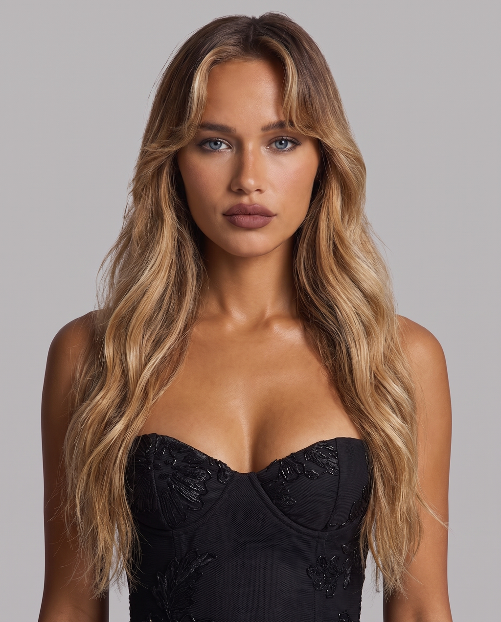 Women's black floral embroidered corset maxi dress with a fishtail skirt, close-up of the sweetheart corset bodice and floral embroidery