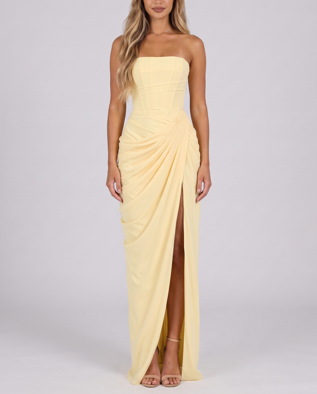 Women's lemon corset maxi dress, strapless with a draped skirt and high slit, front view
