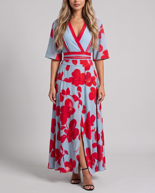Women's light blue floral maxi dress with a V-neck wrap bodice and red trim, front view