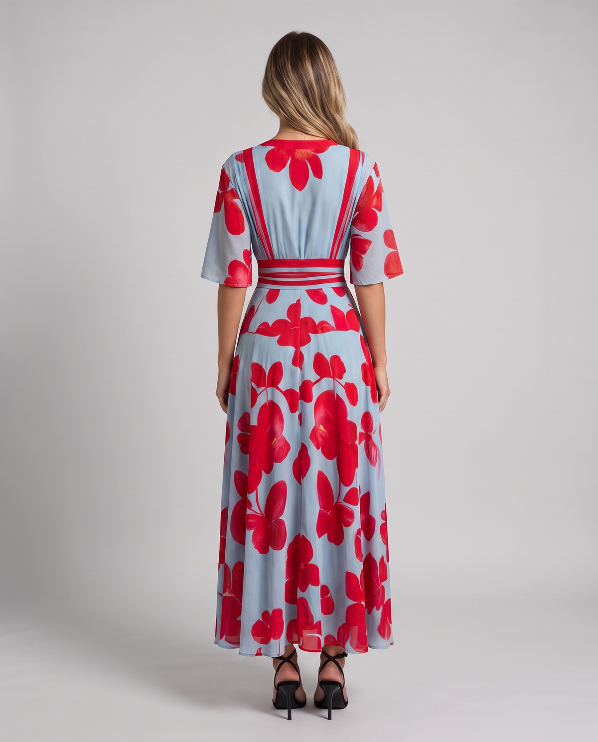 Women's light blue floral maxi dress with a V-neck wrap bodice and red trim, back view