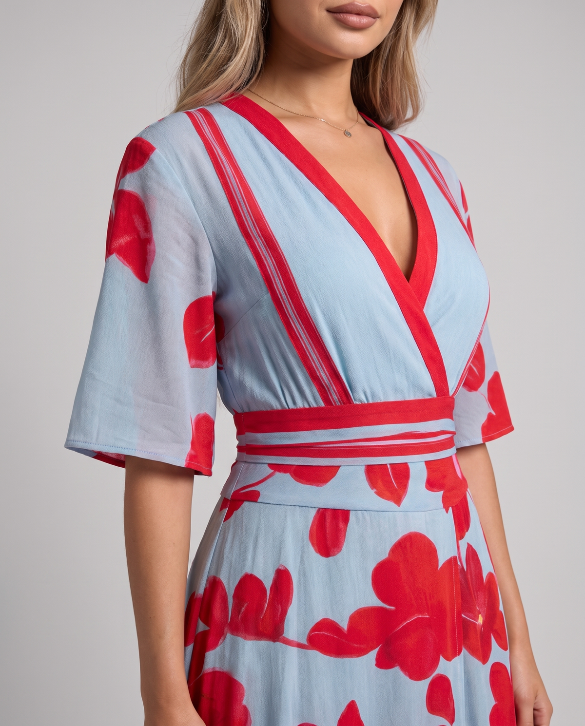 Women's light blue floral maxi dress with a V-neck wrap bodice and red trim, close-up of the V-neck wrap bodice and red trim