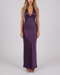 Women's deep purple halter neck maxi dress with a plunge V-neck and open back, front view