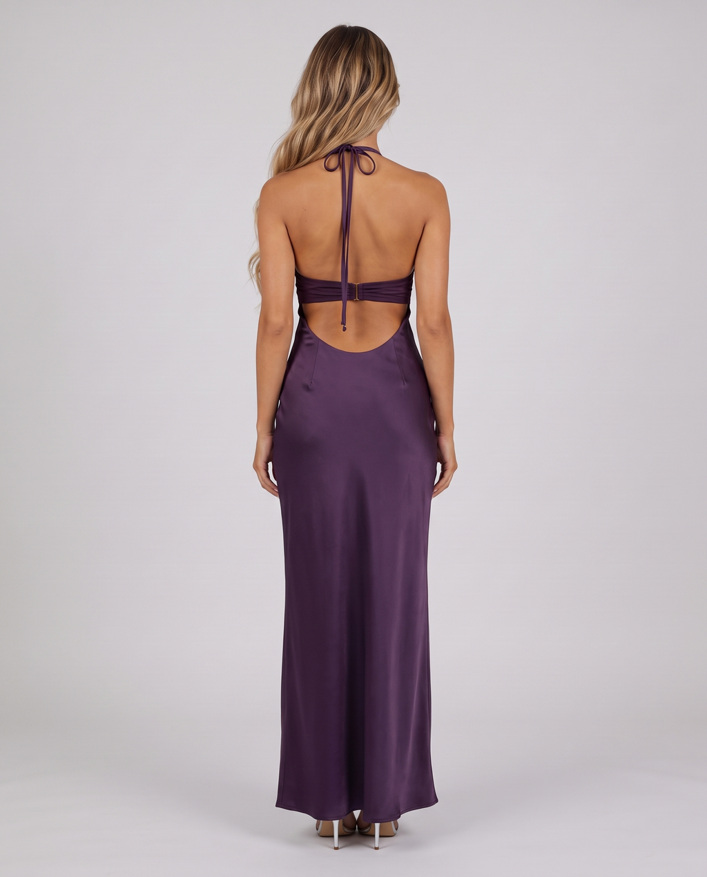 Women's deep purple halter neck maxi dress with a plunge V-neck and open back, back view