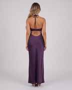 Women's deep purple halter neck maxi dress with a plunge V-neck and open back, back view