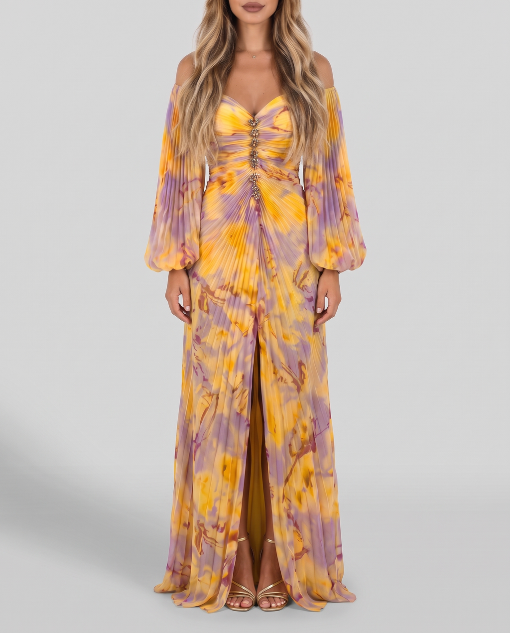 Women's yellow and lilac print off shoulder maxi dress with pleated balloon sleeves, front view