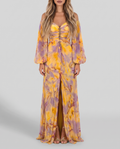 Women's yellow and lilac print off shoulder maxi dress with pleated balloon sleeves, front view