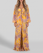 Women's yellow and lilac print off shoulder maxi dress with pleated balloon sleeves, front view