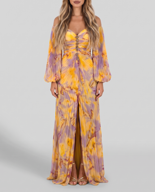 Women's yellow and lilac print off shoulder maxi dress with pleated balloon sleeves, front view