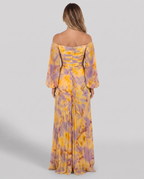 Women's yellow and lilac print off shoulder maxi dress with pleated balloon sleeves, back view