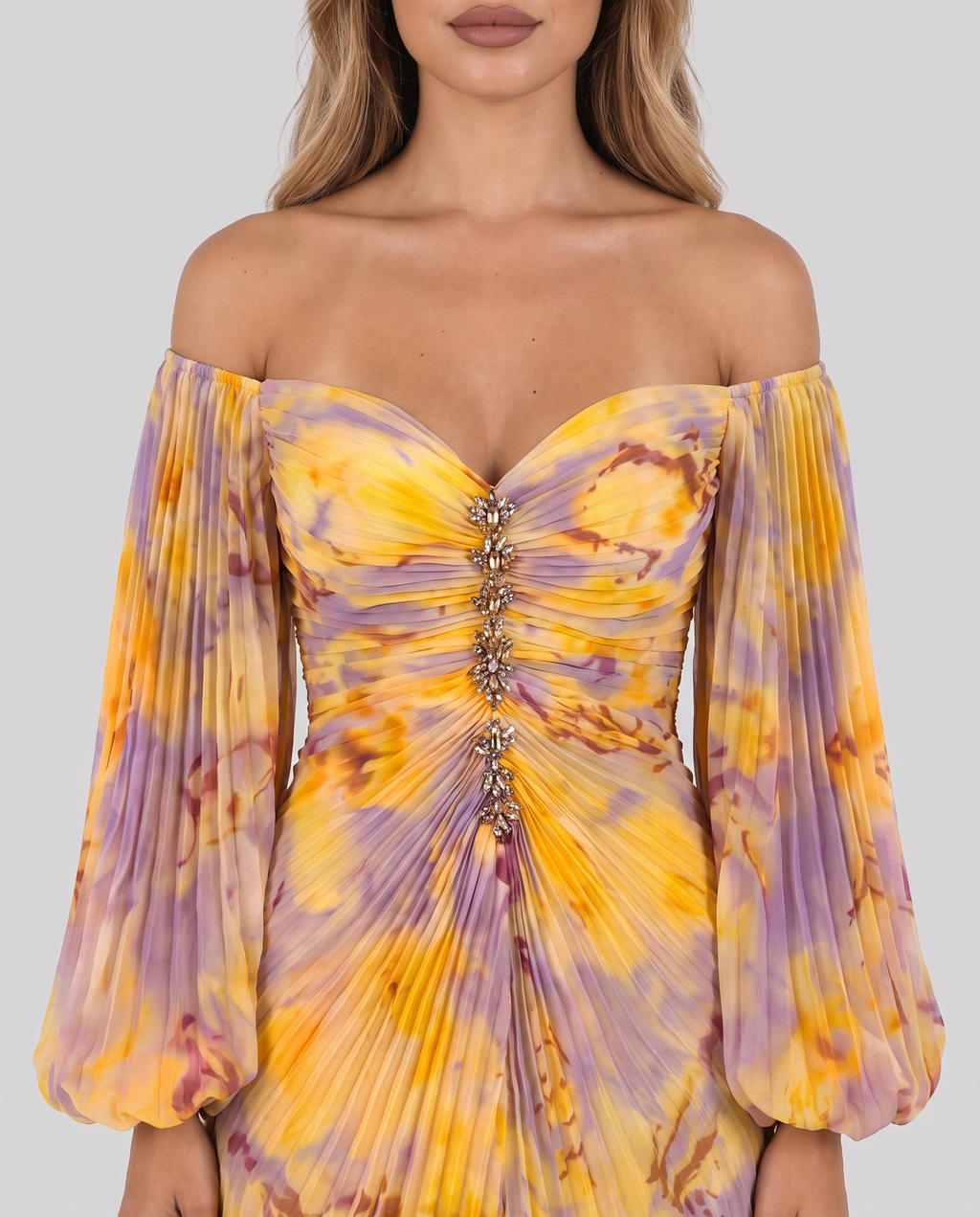 Women's yellow and lilac print off shoulder maxi dress with pleated balloon sleeves, close-up of the sweetheart neckline and jewel buttons