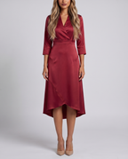 Women's wine red wrap midi dress with a V-neck, three-quarter sleeves and tulip hem, front view