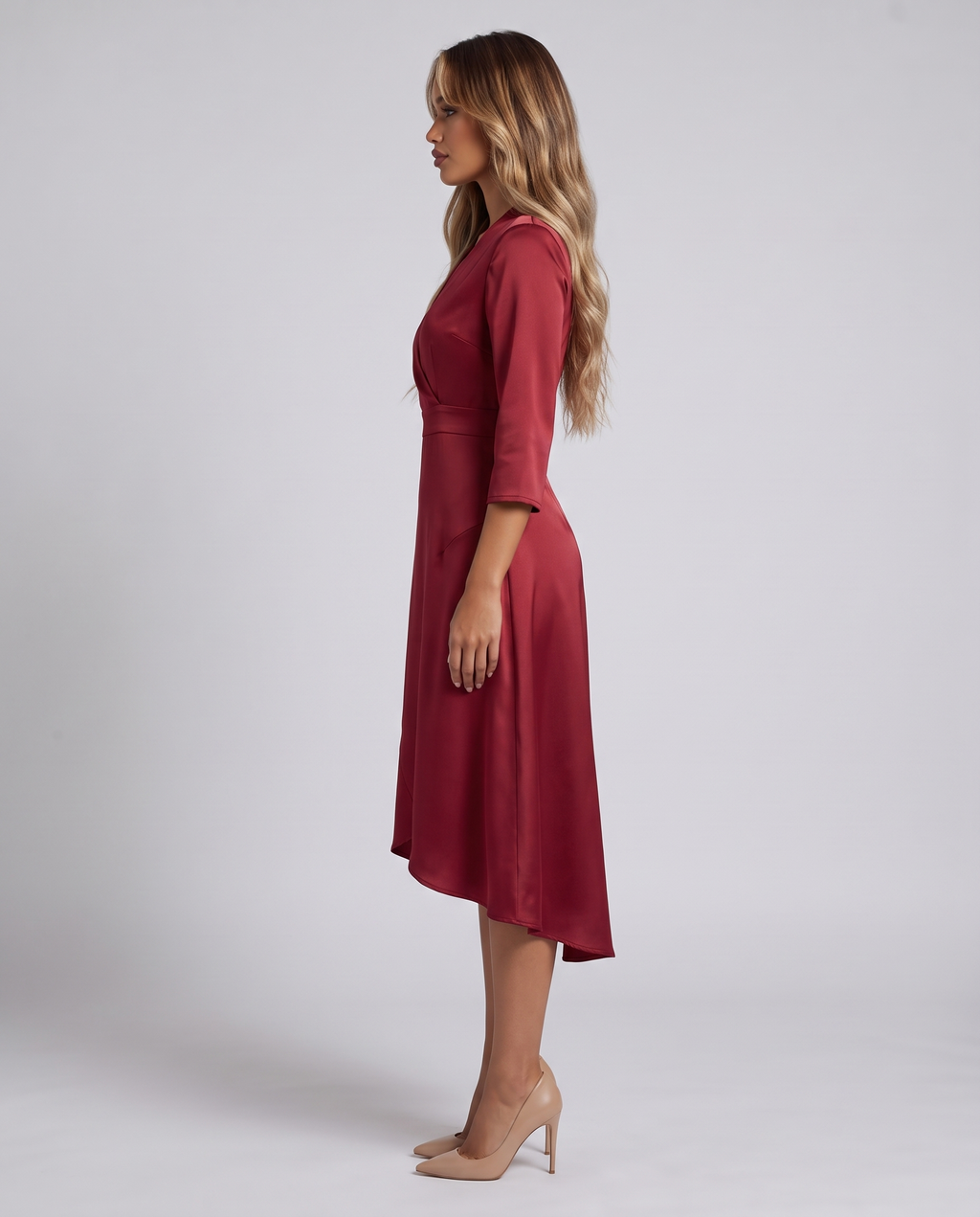 Women's wine red wrap midi dress with a V-neck, three-quarter sleeves and tulip hem, side view