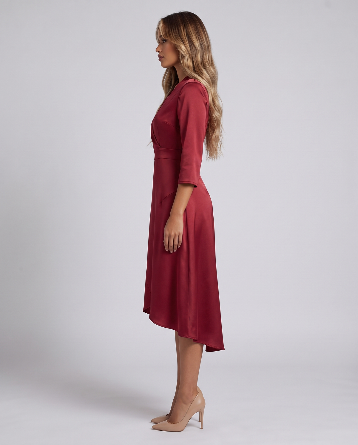 Women's wine red wrap midi dress with a V-neck, three-quarter sleeves and tulip hem, side view