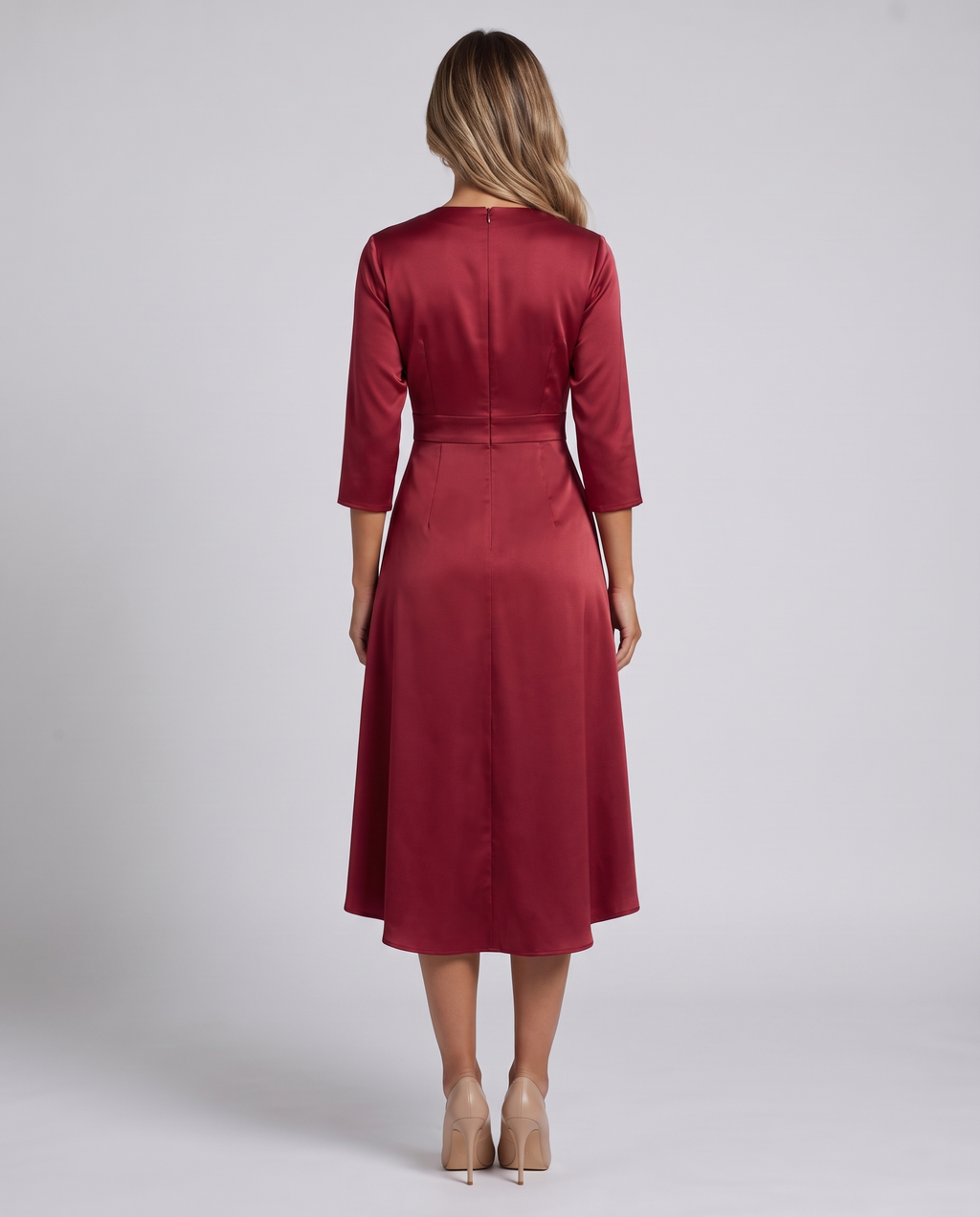 Women's wine red wrap midi dress with a V-neck, three-quarter sleeves and tulip hem, back view