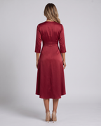 Women's wine red wrap midi dress with a V-neck, three-quarter sleeves and tulip hem, back view