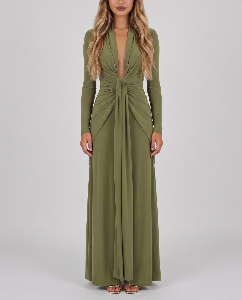Women's olive green long sleeve maxi dress with a plunge V-neck and open back, front view