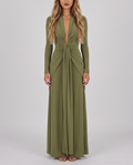 Women's olive green long sleeve maxi dress with a plunge V-neck and open back, front view