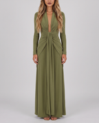 Women's olive green long sleeve maxi dress with a plunge V-neck and open back, front view