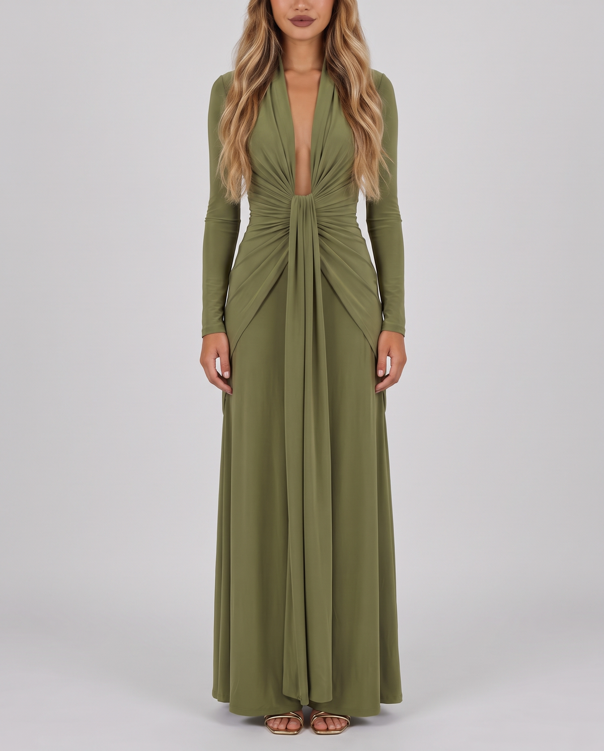 Women's olive green long sleeve maxi dress with a plunge V-neck and open back, front view