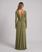 Women's olive green long sleeve maxi dress with a plunge V-neck and open back, back view